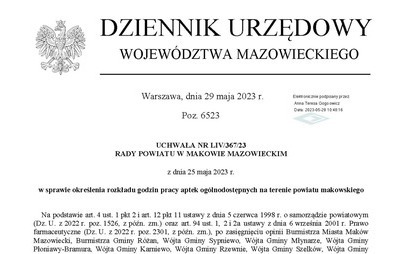 Zdjęcie do Uchwała Rady Powiatu Makowskiego w sprawie określenia rozkładu godzin pracy aptek og&oacute;lnodostępnych na terenie powiatu makowskiego