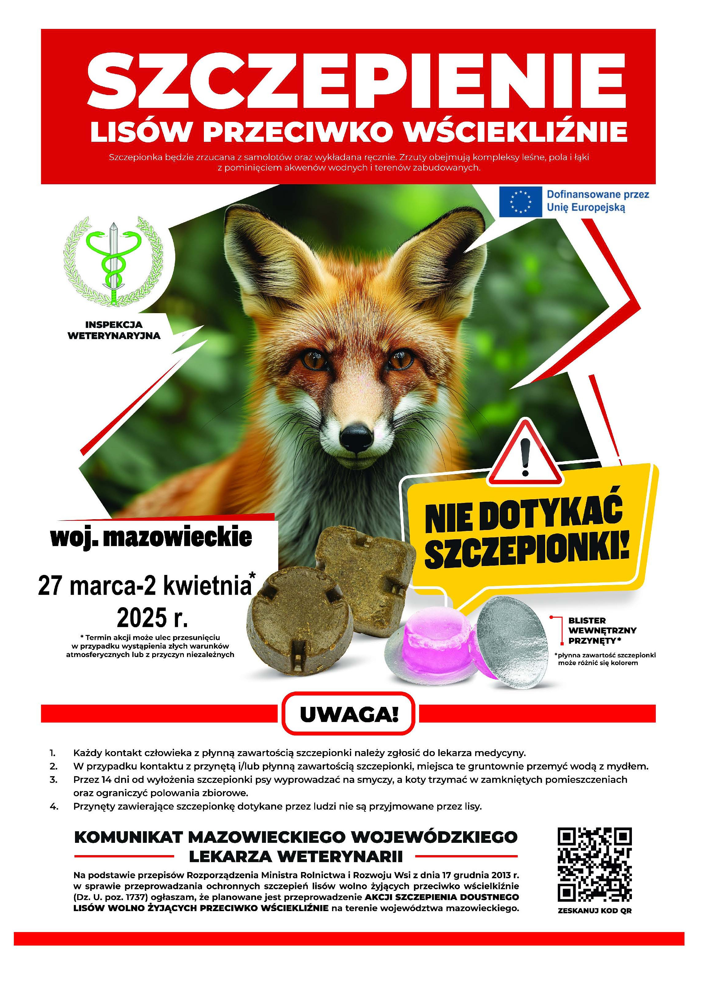 Wiosenna akcja szczepienia lisów przeciwko wściekliźnie 27 marca - 2 kwietnia 2025 r.