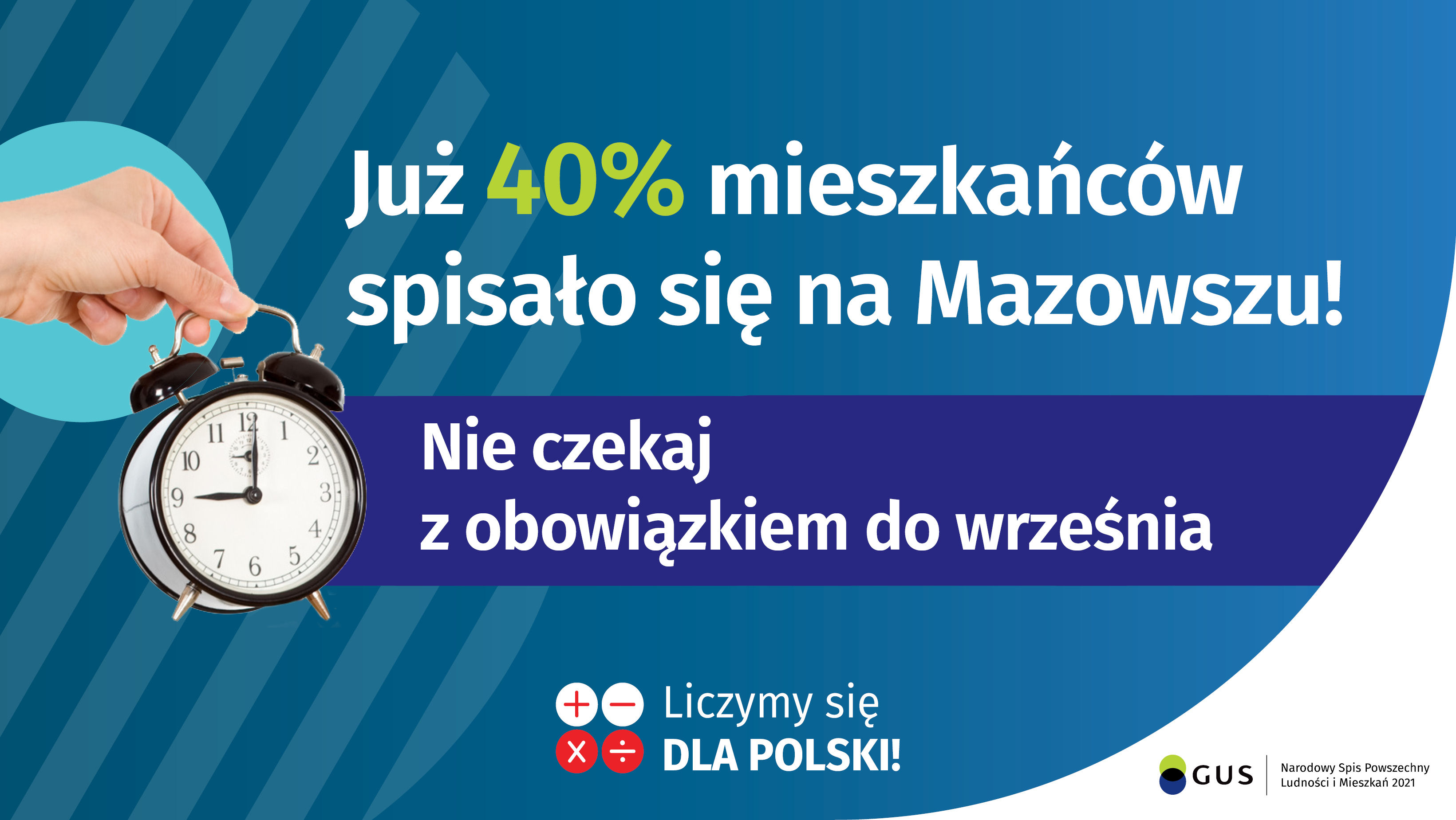 Na grafice jest napis: Już 40% mieszkańców spisało się na Mazowszu! Po lewej stronie jest zdjęcie dłoni na tle okręgu trzymającej budzik. Na wysokości budzika jest napis: Nie czekaj z obowiązkiem do września. Na dole grafiki są cztery małe koła ze znakami dodawania, odejmowania, mnożenia i dzielenia, obok nich napis: Liczymy się dla Polski! W prawym dolnym rogu jest logotyp spisu: dwa nachodzące na siebie pionowo koła, GUS, pionowa kreska, Narodowy Spis Powszechny Ludności i Mieszkań 2021.