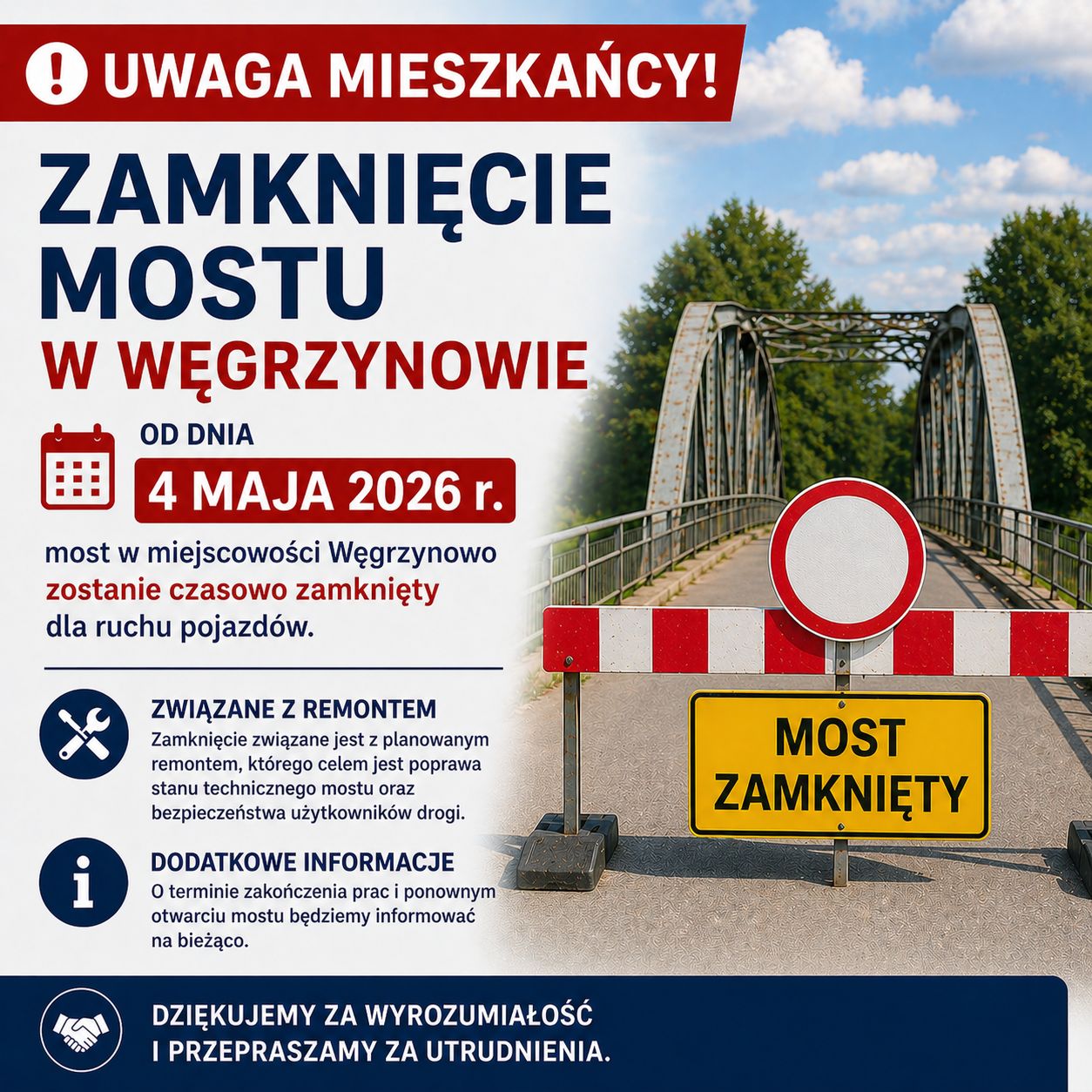 Plakat Remont mostu w&nbsp;Węgrzynowie