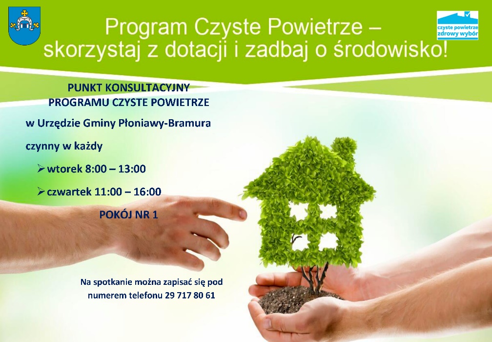 Punkt konsultacyjno-informacyjny programu "Czyste Powietrze" w&nbsp;Urzędzie Gminy jest czynny w&nbsp;każdy wtorek w&nbsp;godz. 8:00 &ndash; 13:00 i&nbsp;w każdy czwartek 11:00 &ndash; 16:00. Więcej informacji można uzyskać pod dedykowanym numerem telefonu 29 717 80 61.