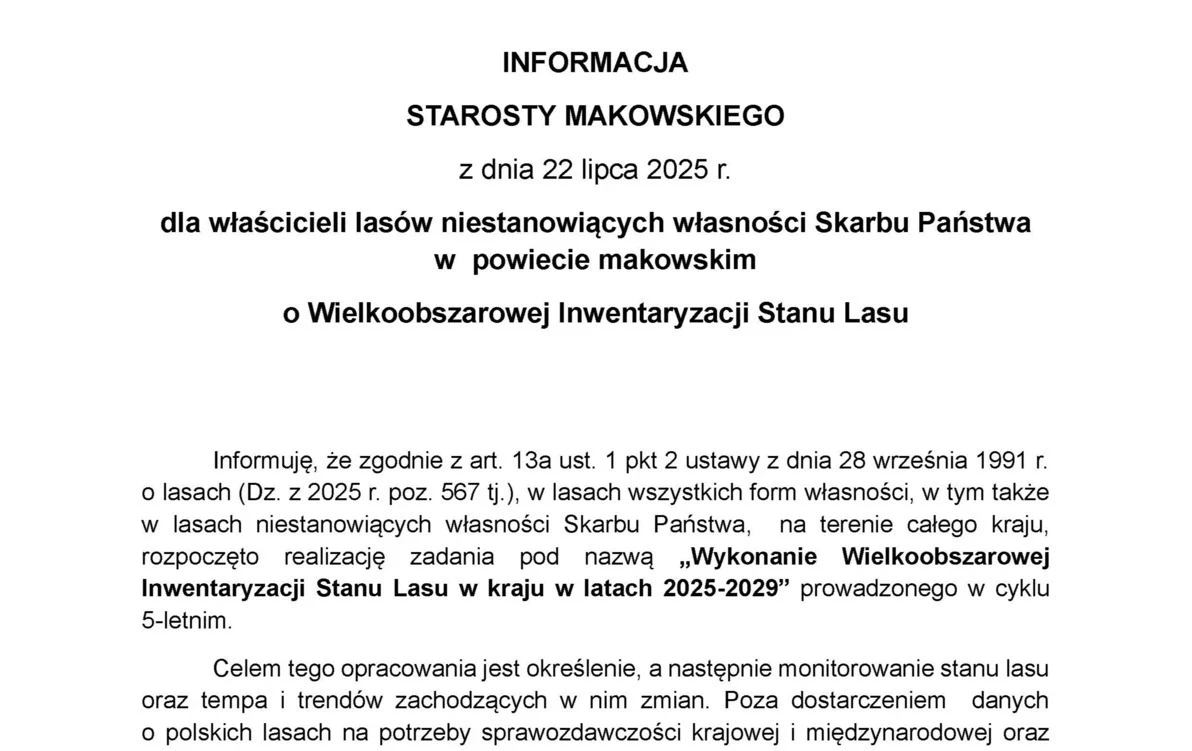 INFORMACJA STAROSTY MAKOWSKIEGO z dnia 22 lipca 2025 r. dla właścicieli lasów niestanowiących własności Skarbu Państwa w powiecie makowskim o Wielkoobszarowej Inwentaryzacji Stanu Lasu