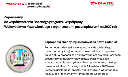 Zaproszenie do współtworzenia „Rocznego programu współpracy Województwa Mazowieckiego z organizacjami pozarządowymi na 2027 rok”